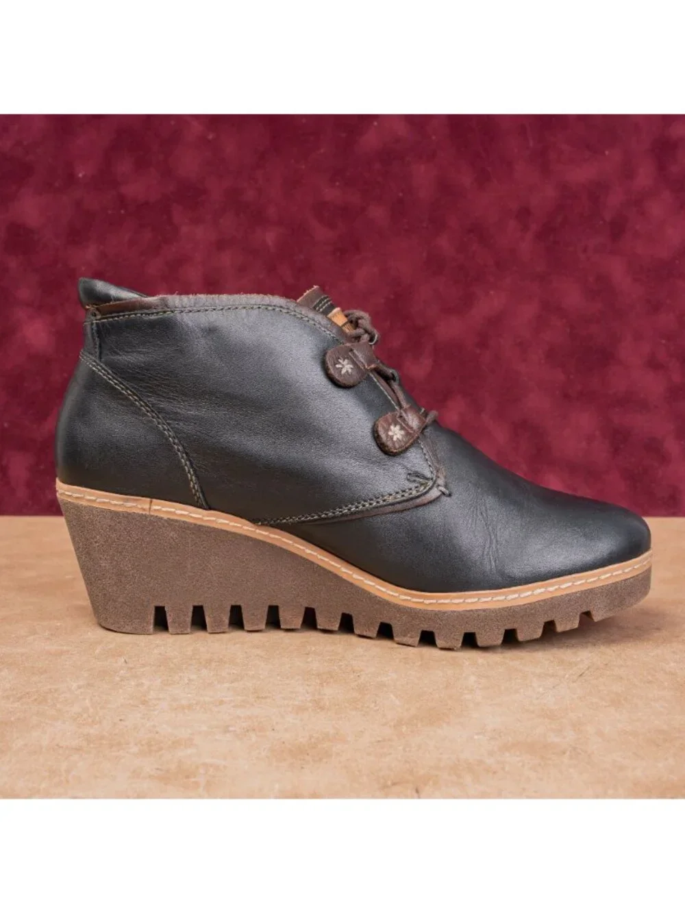 Pikolinos Women Maple Black Leather Lace-up Wedge Ankle Boots sz10US EUR41